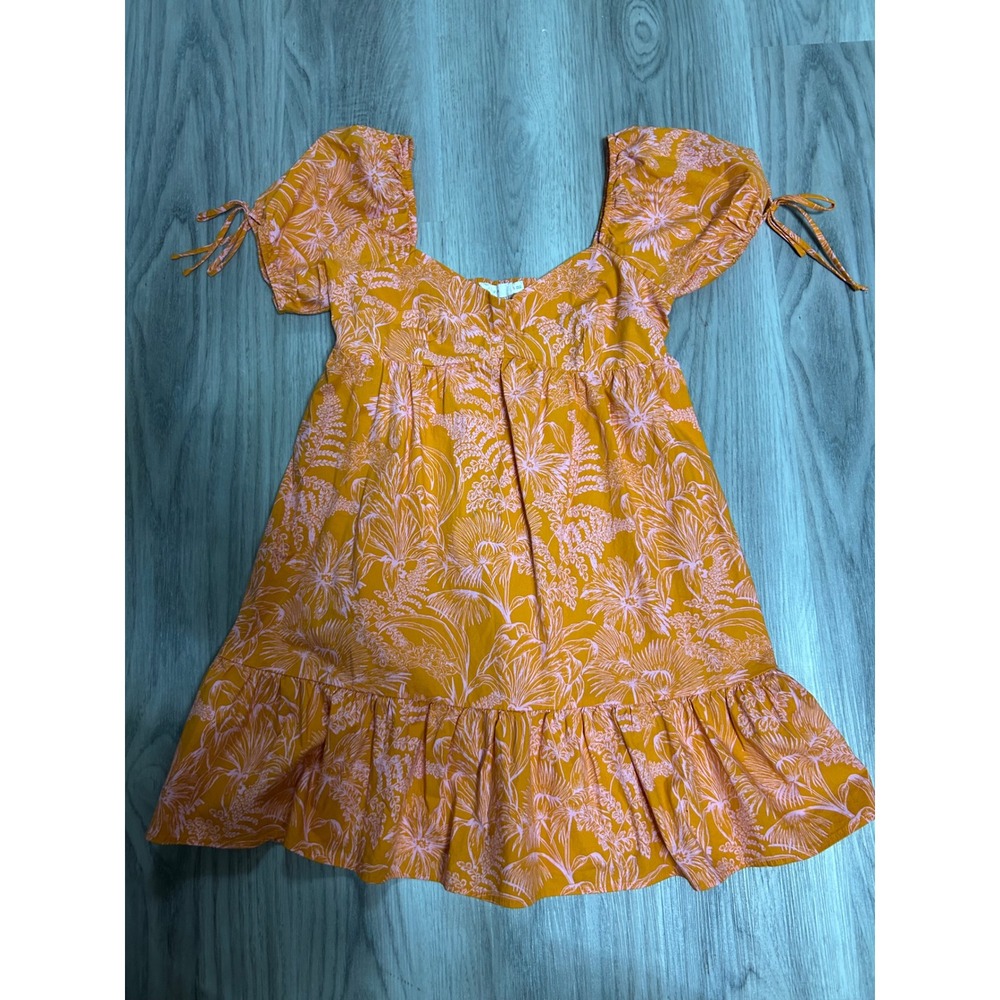 Lush Orange Pink Tropical Floral Puff Sleeve‎ Mini Dress Womens Small cottage